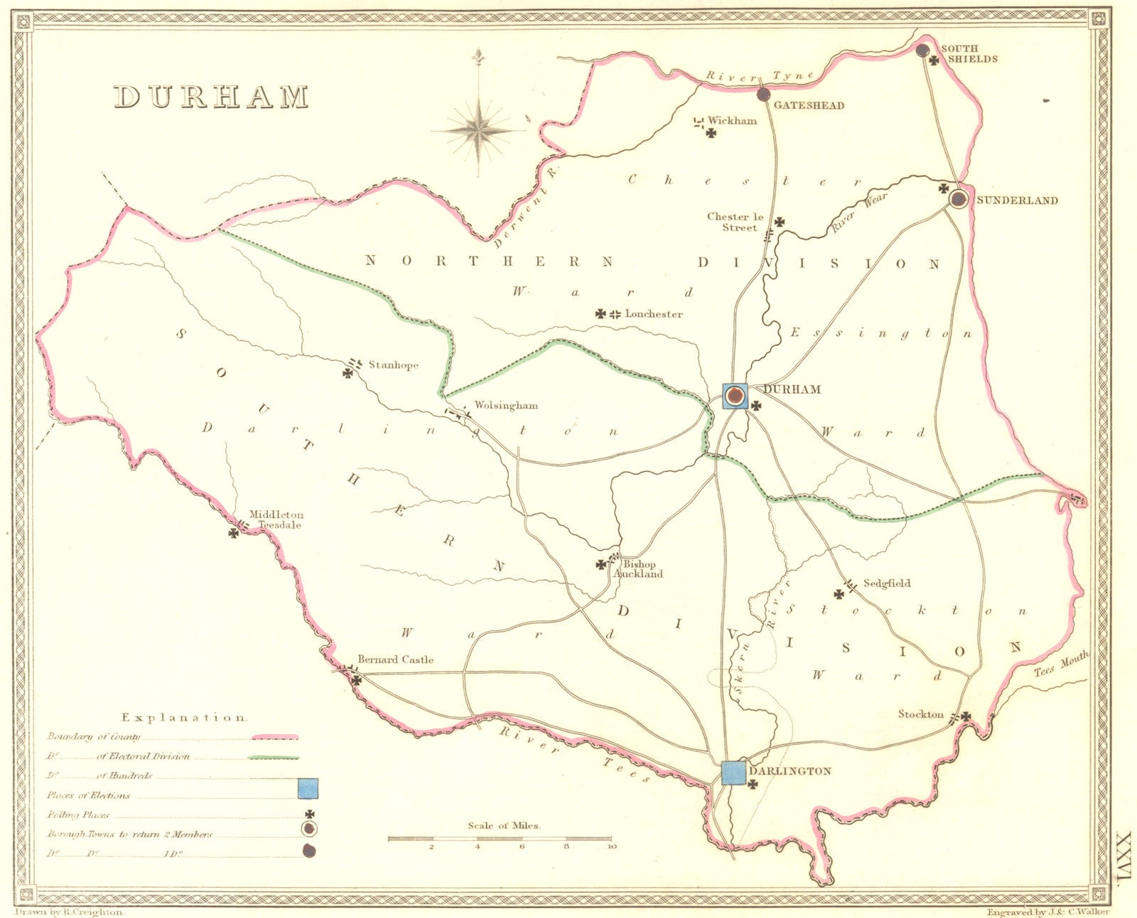 DURHAM. Creighton Walker 1835 old antique vintage map plan chart